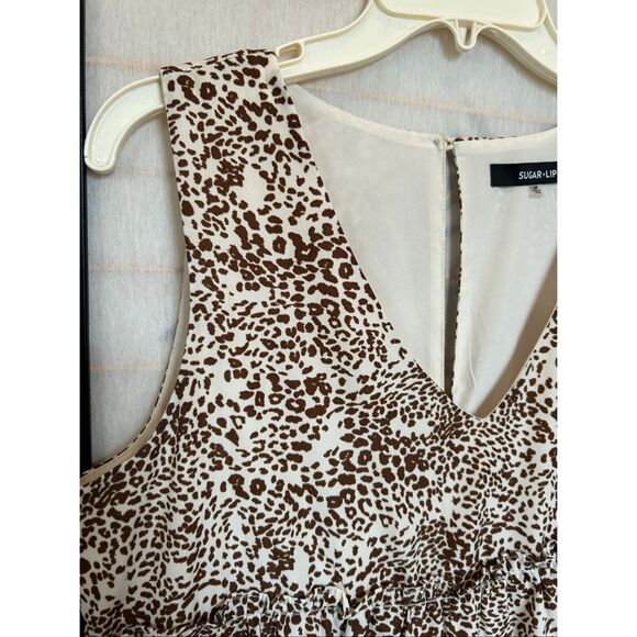 Sugar Lips Sleeveless Tiered Dress Brown Boho Preppy Animal Print V-Neck M - Picture 10 of 10